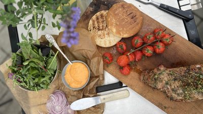 This Juicy Homemade Burger with Grilled Tomatoes and Roast Will Revolutionize Your BBQ