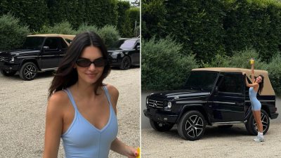 Kendall Jenner Strikes a Pose: Baby Blue Onesie Meets Her 0K Luxe Mercedes