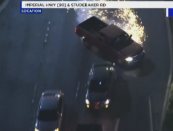 Southern California crash ends with driver losing control after tire blowout in pickup truck