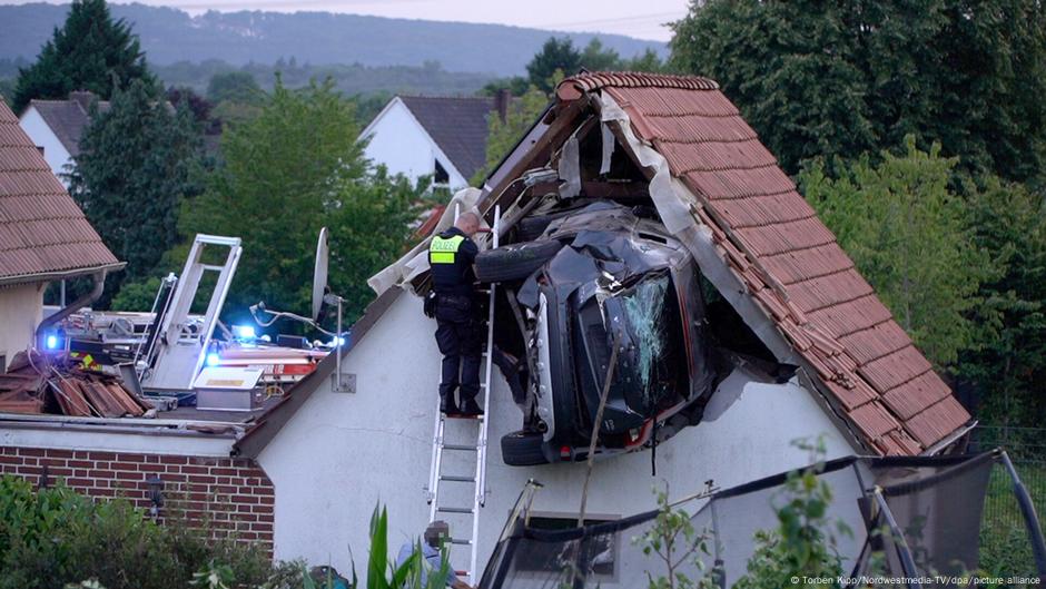 Germany: Car Crashes Into Trampoline, Stuck in Barn Roof