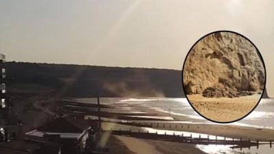 Sediment Still Sliding from Beach Cliff After Morning Slip