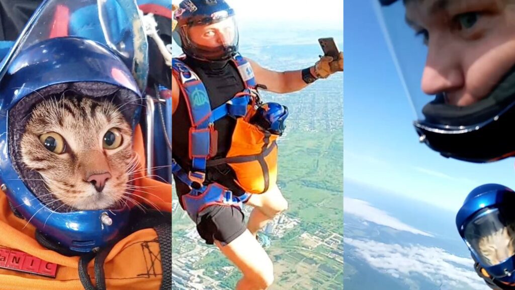 Cat Skydiving with Owner in Custom Helmet