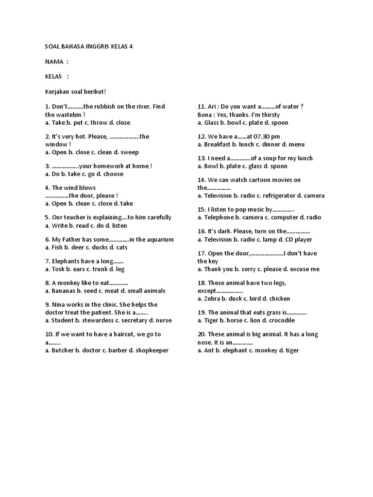 Contoh Soal UTS Bahasa Inggris Kelas 4 Semester 1 dengan Jawaban